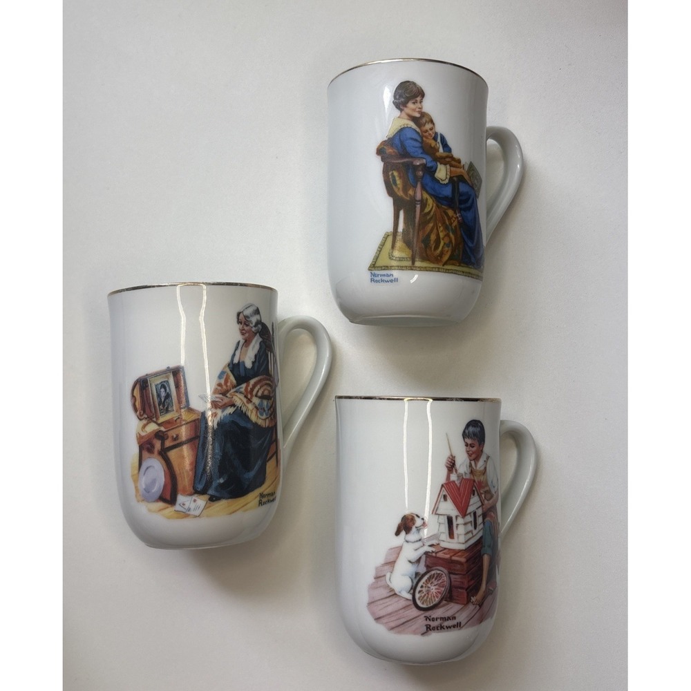Norman Rockwell Museum Set/3 Vintage Coffee Mug/Cup 1982 Gold Trim